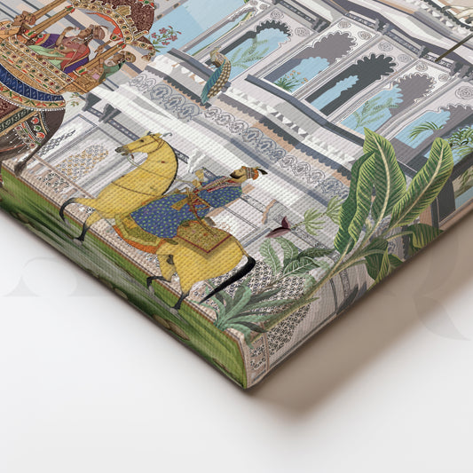 Royal Procession Amidst Majestic Palaces and Verdant Palm Trees