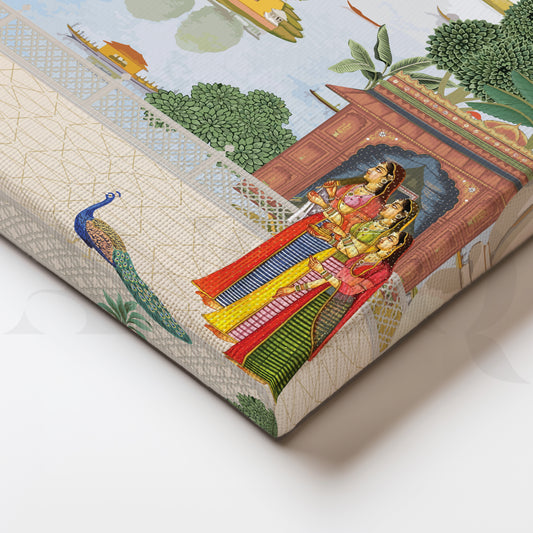 Royal Audience in a Majestic Courtyard Overlooking Serene Waters