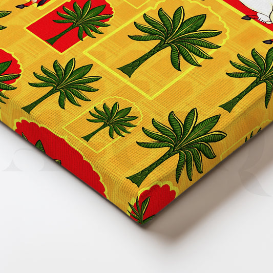 Traditional Cattle and Palm Motifs Against Vibrant Geometric Backdrop