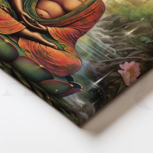 Buddha Meditating by Tranquil Waters with Blossoming Lotus Surroundings