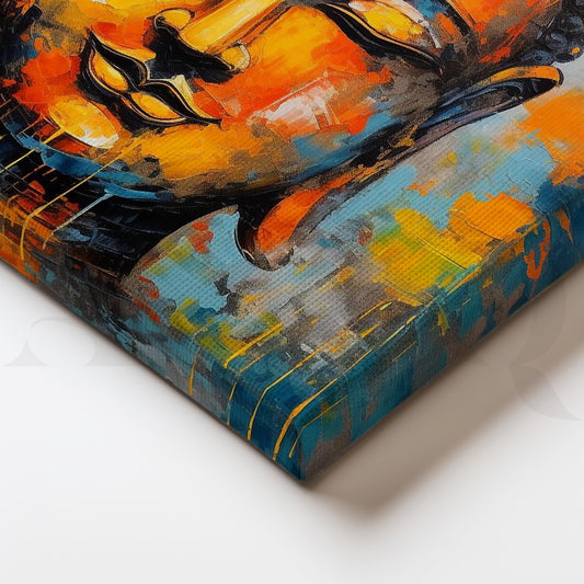 Vivid Buddha Portrait Against a Dynamic Abstract Background