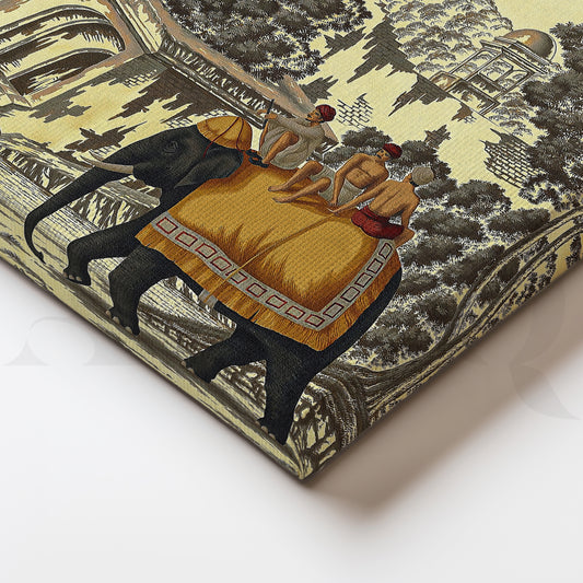 Vintage Indian Landscape Painting with Elephant and Camel