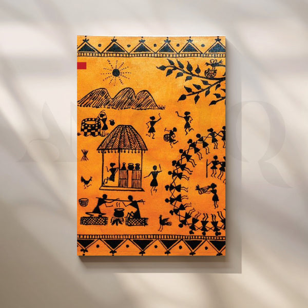 Orange Warli Dance Circle Canvas Artwork