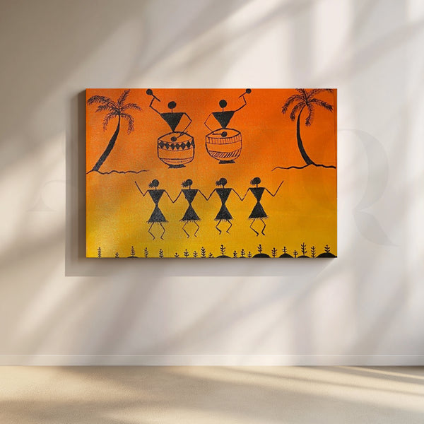 Sunset Warli Dance Canvas Artwork