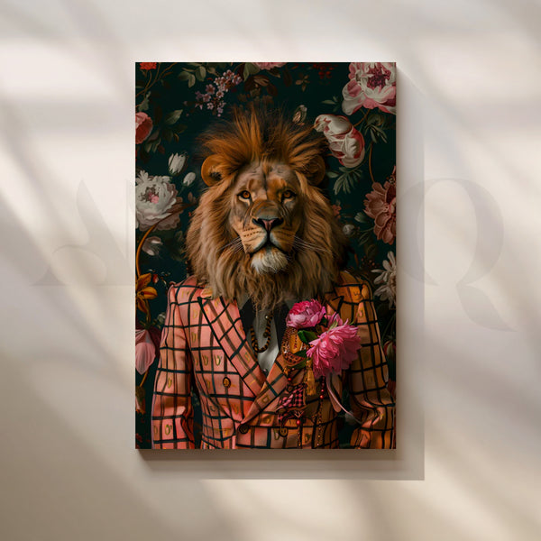 Regal Bloom Lion Canvas Painting for Living Room or Study