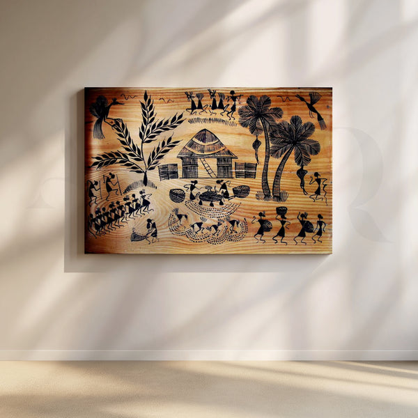 Village Bonfire Warli Canvas Artwork