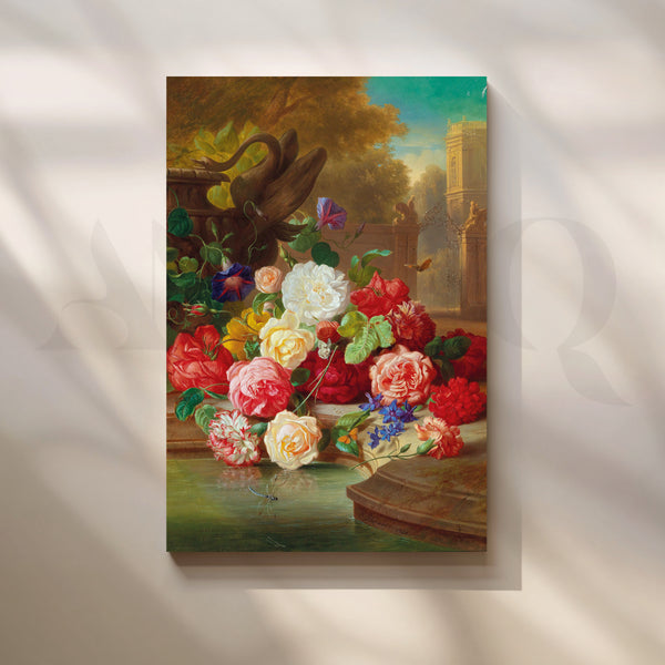 Garden Roses by the Fountain Canvas Artwork