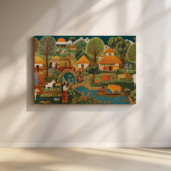 Pastoral Harmony Folk Canvas Artwork