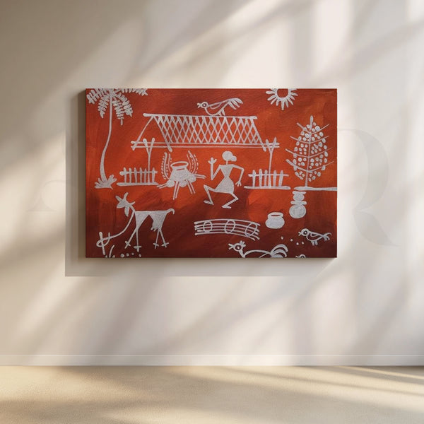 Terracotta Warli Village Canvas Artwork