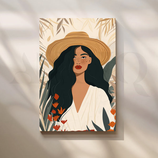 Sunlit Straw Hat Muse Canvas Painting for Boho Living Room