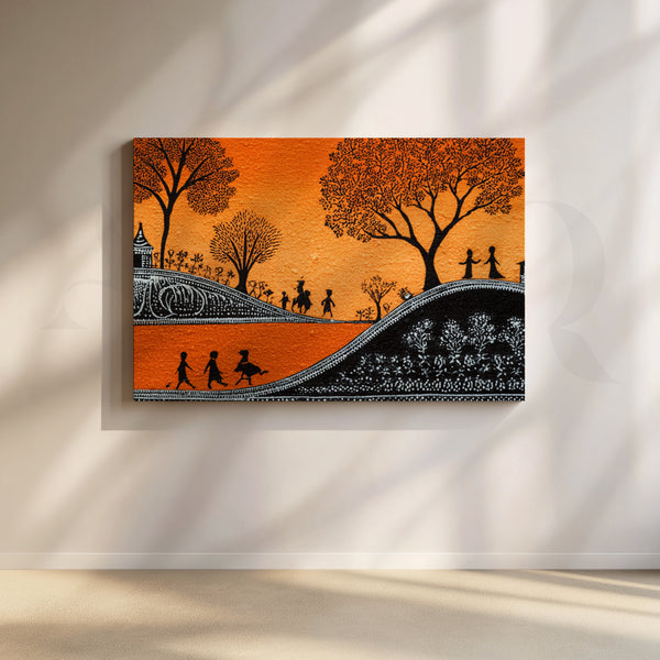 Golden Dusk Village Walk Canvas Artwork