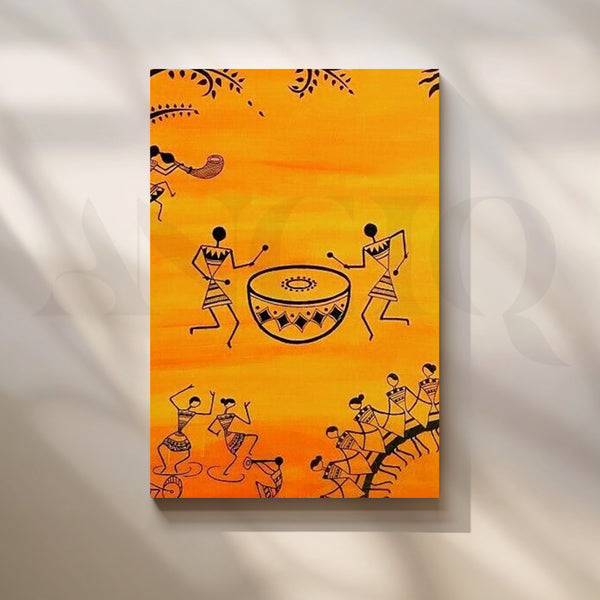 Warli Drum Celebration Canvas Artwork