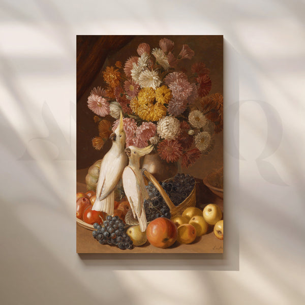 Cockatoos with Floral Still Life Canvas Artwork
