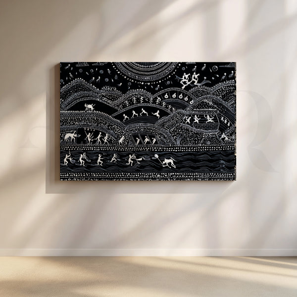 Midnight Warli River & Hills Canvas Artwork