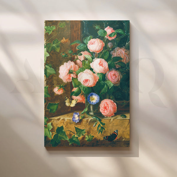Blossoming Roses and Butterflies Canvas Artwork