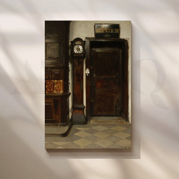 Silent Hallway with Clock Canvas Artwork
