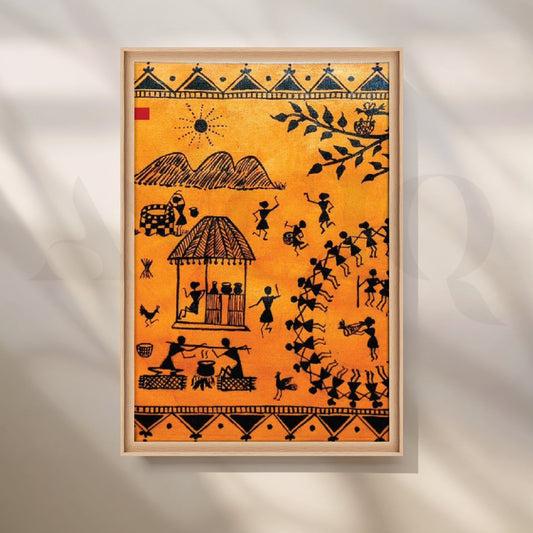 ‘Orange Warli Dance Circle’ Canvas Painting for Living Room