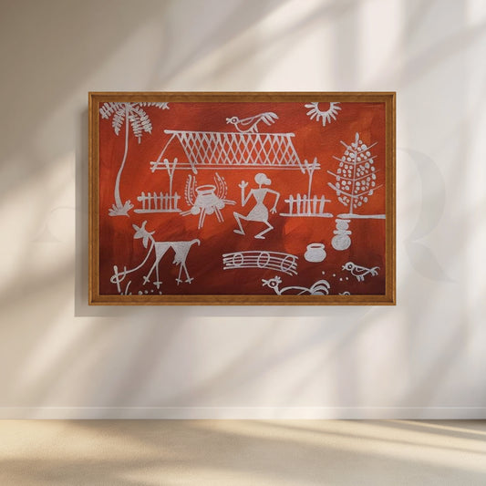 ‘Terracotta Warli Village’ Canvas Painting for Dining Area