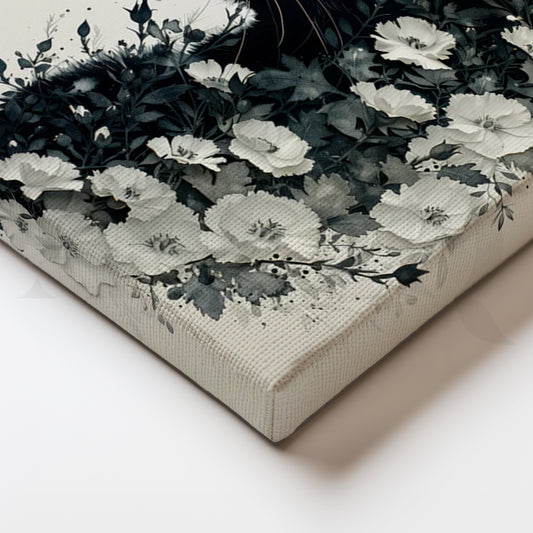 Midnight Bloom Cat Canvas Painting for Minimal Modern Bedroom