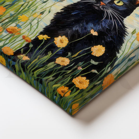 Midnight Cat in Marigolds Canvas Painting for Home Office