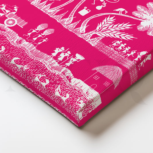 ‘Pink Warli Village Life’ Canvas Painting for Bedroom & Living Room
