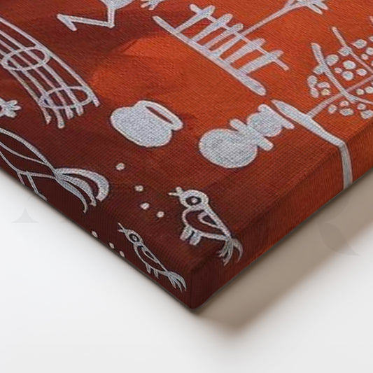 Terracotta Warli Village Canvas Artwork for Kitchen/Dining Area