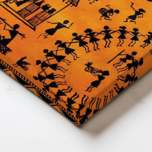 Orange Warli Dance Circle’ Canvas for Living Room
