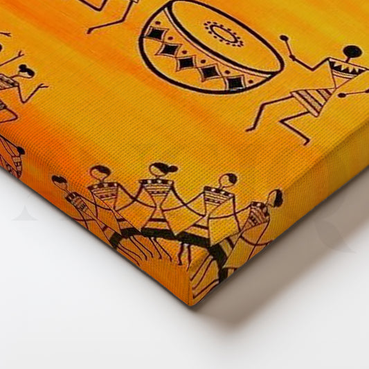 Warli Drum Celebration Canvas Painting for Dining Room