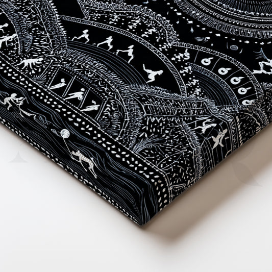 Midnight Warli River & Hills Canvas Painting for Living Room Wall Décor