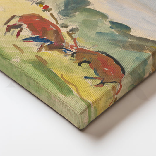Pastoral Meadow with Bulls Canvas Painting for Dining Room & Country Kitchen