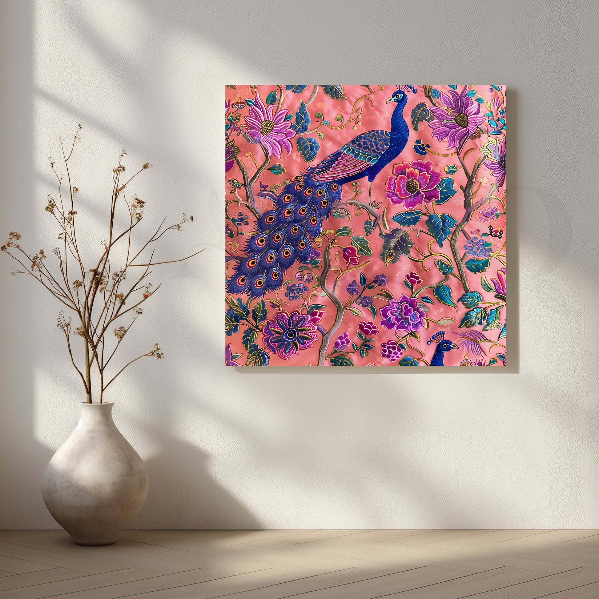 Peacock Paradise on Coral Canvas Artwork for Living Room