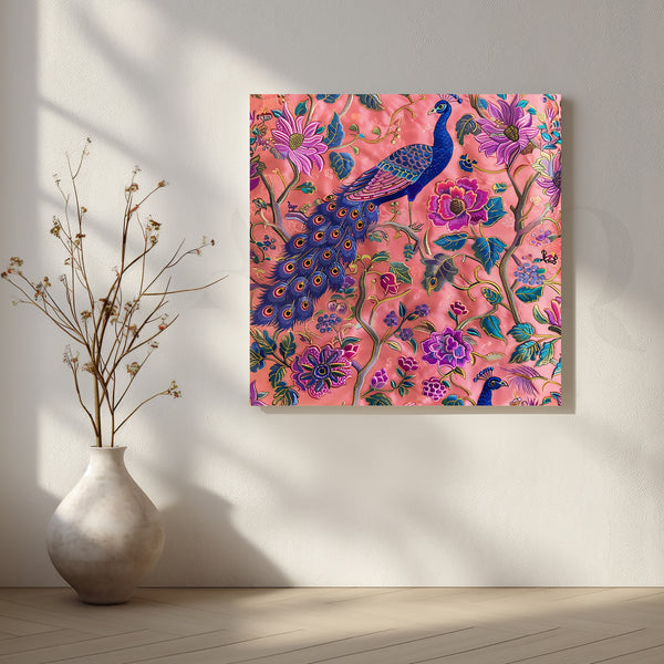 Peacock Paradise on Coral Canvas Artwork