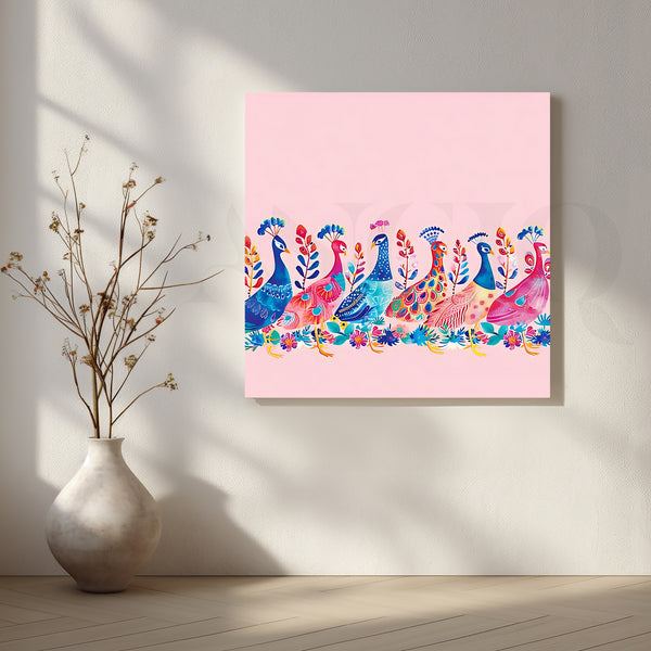 Pink Peacock Parade Canvas Artwork