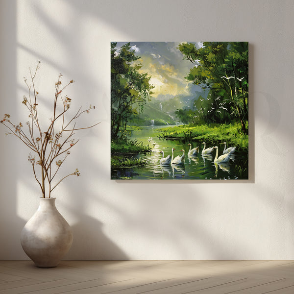 Serene Swan Lake Canvas Artwork