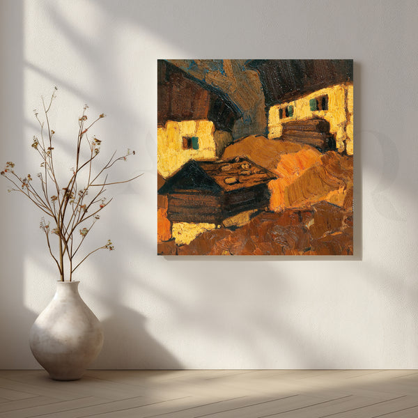 Sunlit Mountain Hamlet Canvas Artwork