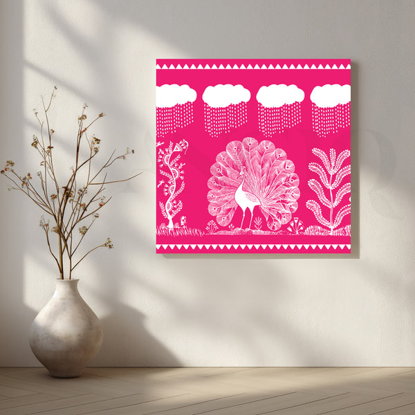 Pink Warli Peacock Rain Dance Canvas Artwork