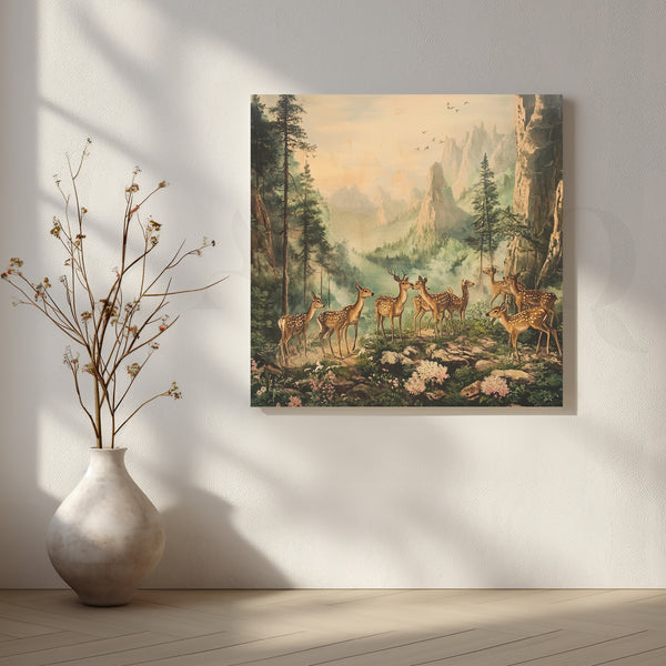 Forest Gathering of Deers Canvas Artwork