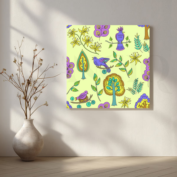 Purple Birds Garden Pattern Canvas Artwork