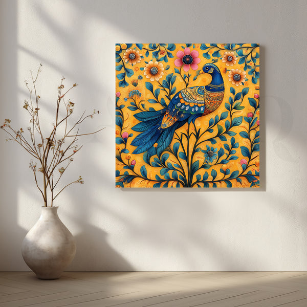 Golden Peacock Garden Folk Canvas Artwork