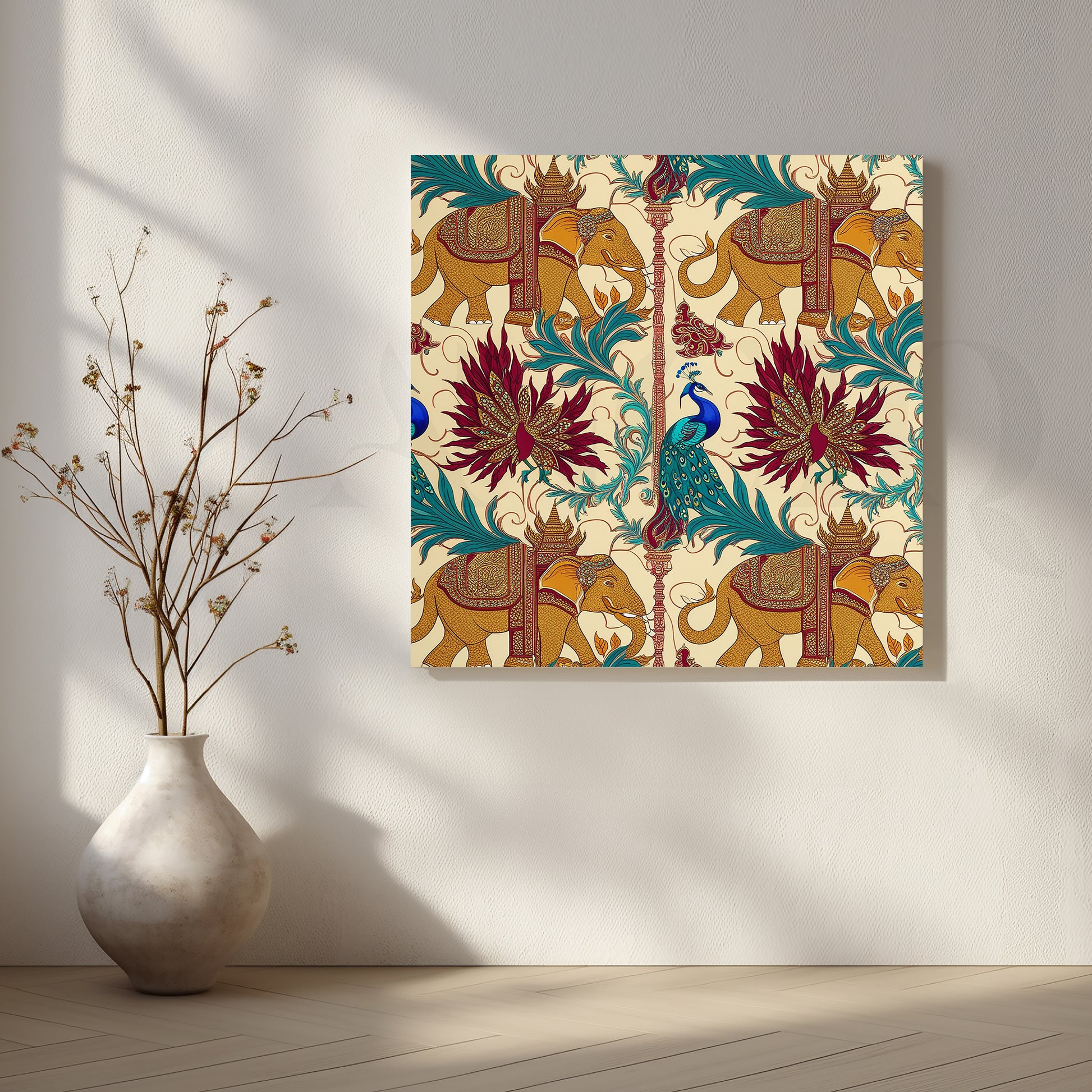 Elephant & Peacock Harmony Canvas Artwork for Kitchen/Dining Area