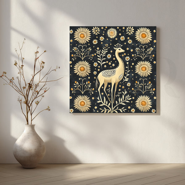 Black Folk Deer with Golden Blossoms Canvas Artwork