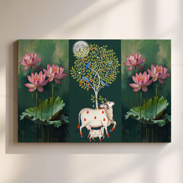 Pichwai Cow and Lotus Canvas Artwork (Ready to Ship)