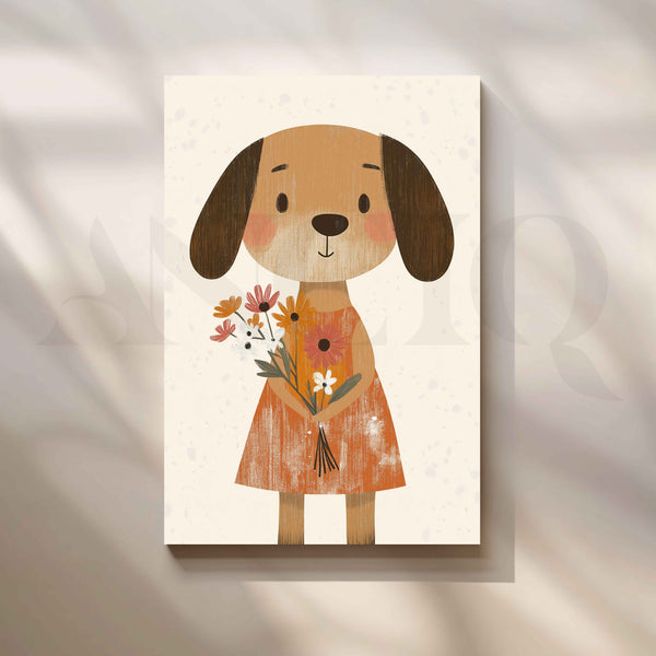 Cute Puppy Holding Flowers Whimsical Kids Room Canvas Artwork