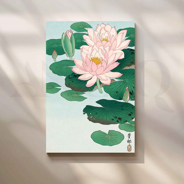 Pink Lotus Flowers and Green Lily Pads Canvas Artwork