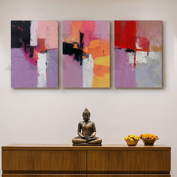 Blush & Crimson Abstract Gallery Wall – Set of 3 Contemporary Artworks - 18 x 24 Inches