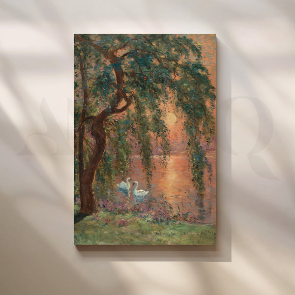 Swans at Sunset Lake Canvas Artwork