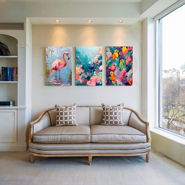 Tropical Birds & Bloom Gallery Wall – Set of 3 Artworks