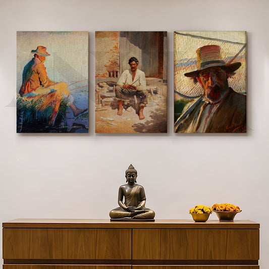 Rustic Fishermen Portrait Gallery Wall – Set of 3 Vintage Figurative Artworks - 18 x 24 Inches for Entryway/Hallway