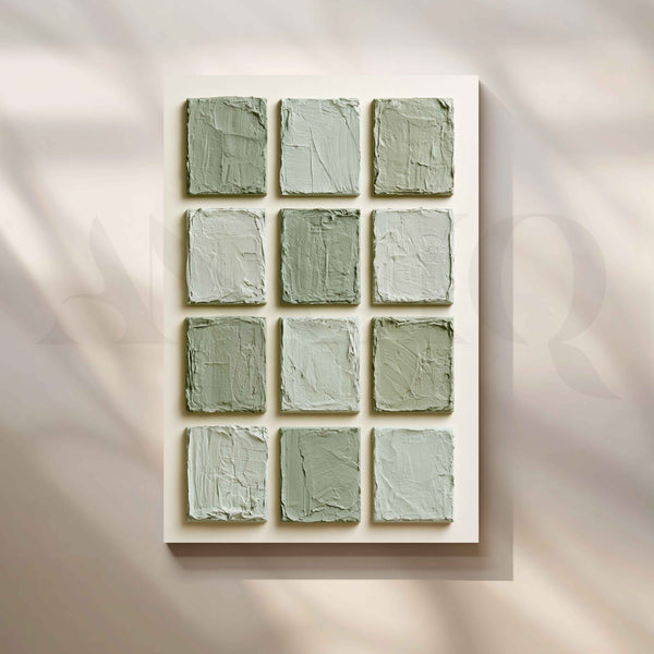 Sage Green Textured Squares Minimalist Geometric Canvas Artwork