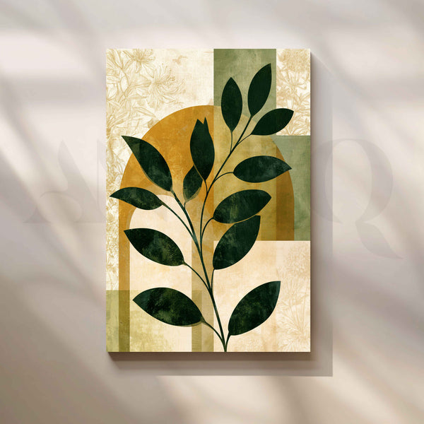 Earthy Green Botanical Leaves with Mustard Geometric Canvas Artwork